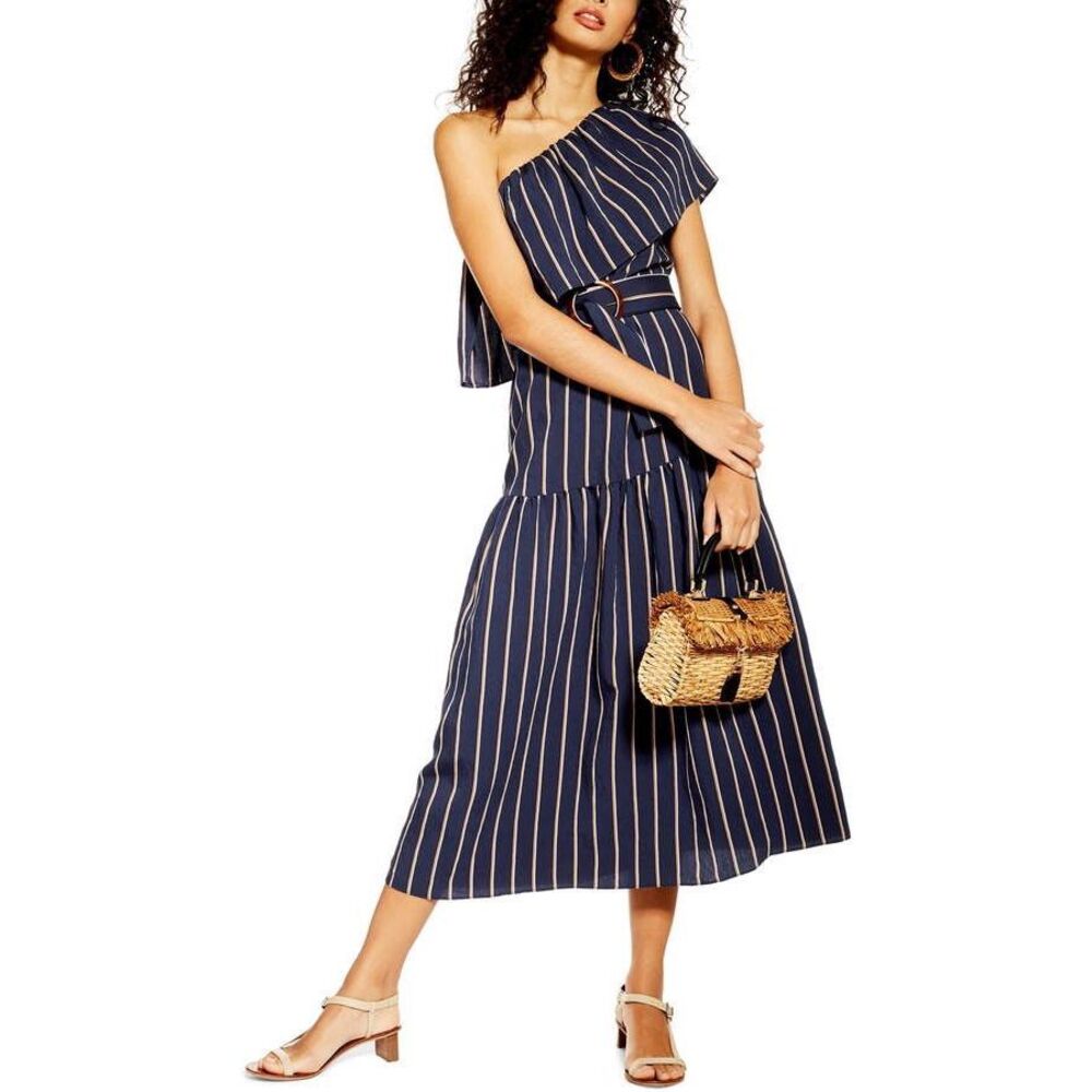 NWOT Topshop One Shoulder Sicily Striped Midi‎ Dress Navy Blue and White Size 8